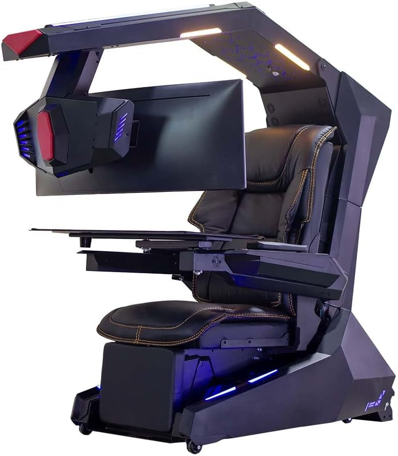 IW-R1 PRO Zero Gravity Reclining Workstation Computer Imperator Gaming Chair Cockpit for Works; (3-Monitor Brackets, Leather Seat, Black)