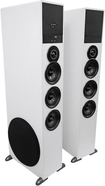 TM150W Powered Home Theater Tower Speaker System, White, 1000W, 10" Subwoofers, Bluetooth, USB/SD Playback, FM Radio, Remote Control, Karaoke Ready, Perfect for Home Entertainment