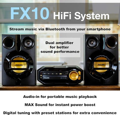 FX10 Bluetooth Stereo System for Home with CD Player , MP3, USB, FM Radio, Bass Reflex Speaker, 230 W, Remote Control Included