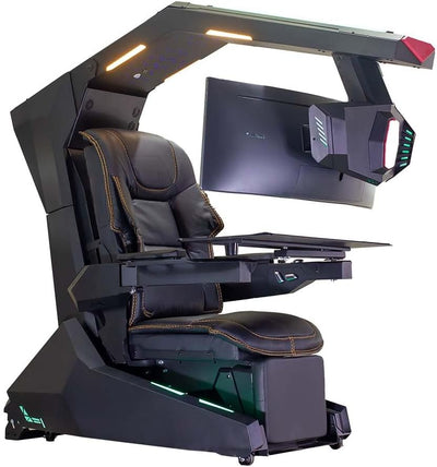 IW-R1 PRO Zero Gravity Reclining Workstation Computer Imperator Gaming Chair Cockpit for Works; (3-Monitor Brackets, Leather Seat, Black)