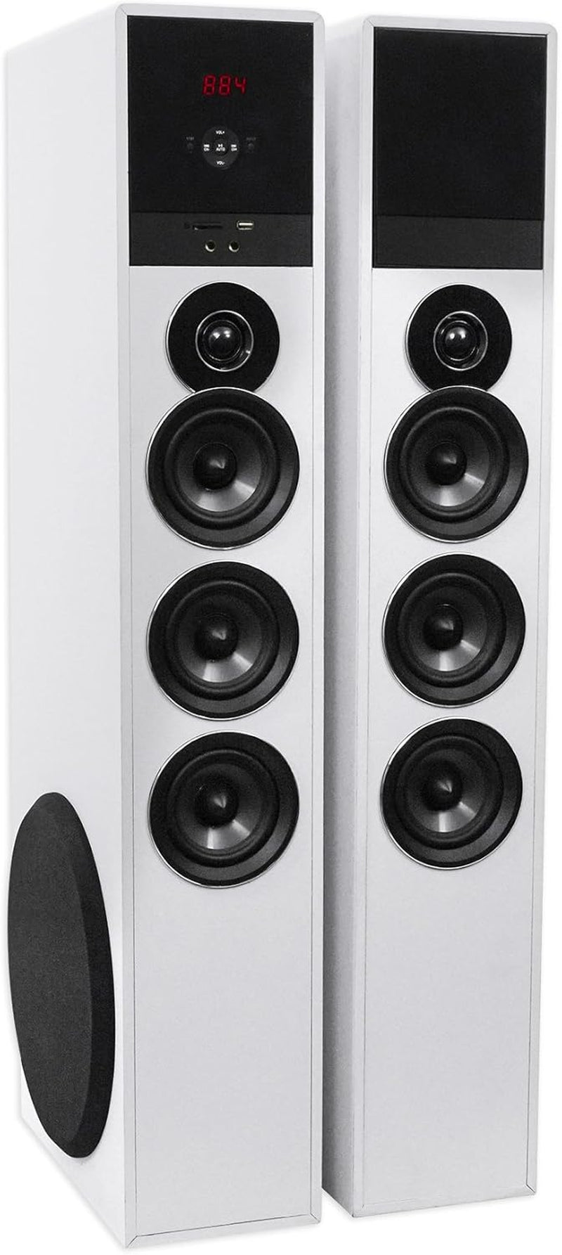 TM150W Powered Home Theater Tower Speaker System, White, 1000W, 10" Subwoofers, Bluetooth, USB/SD Playback, FM Radio, Remote Control, Karaoke Ready, Perfect for Home Entertainment