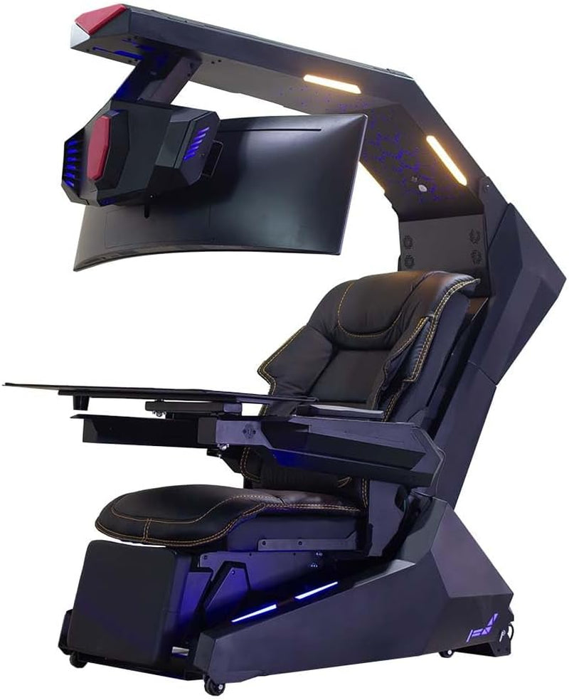 IW-R1 PRO Zero Gravity Reclining Workstation Computer Imperator Gaming Chair Cockpit for Works; (3-Monitor Brackets, Leather Seat, Black)