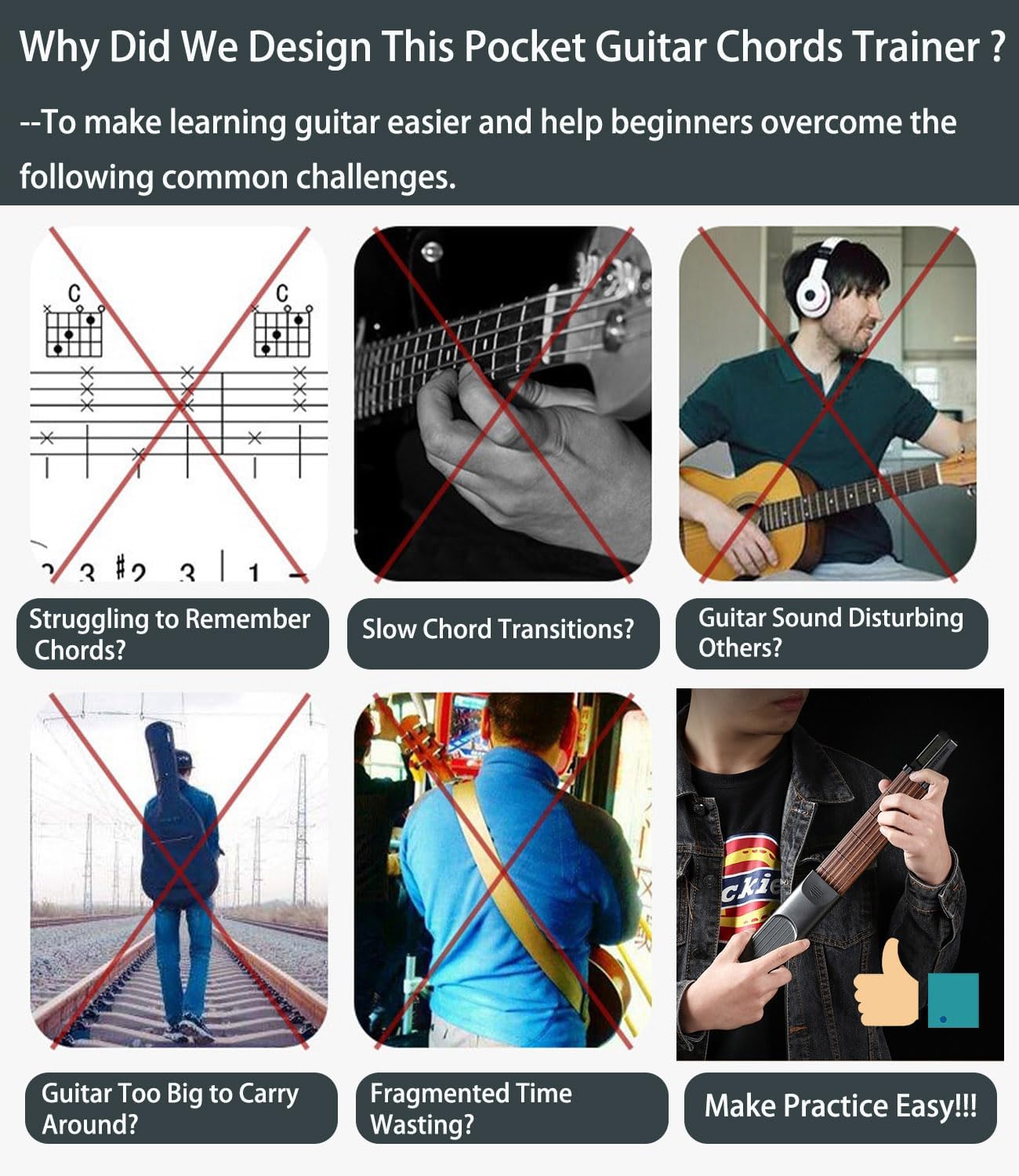 Pocket Guitar Chord Practice Tool, Portable Guitar Neck for Trainer Beginner W/A Rotatable Chords Chart Screen (Battery Included)