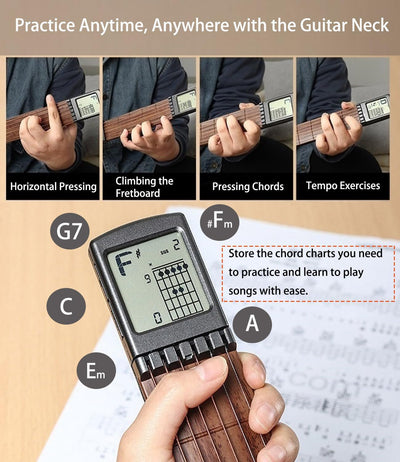 Pocket Guitar Chord Practice Tool, Portable Guitar Neck for Trainer Beginner W/A Rotatable Chords Chart Screen (Battery Included)