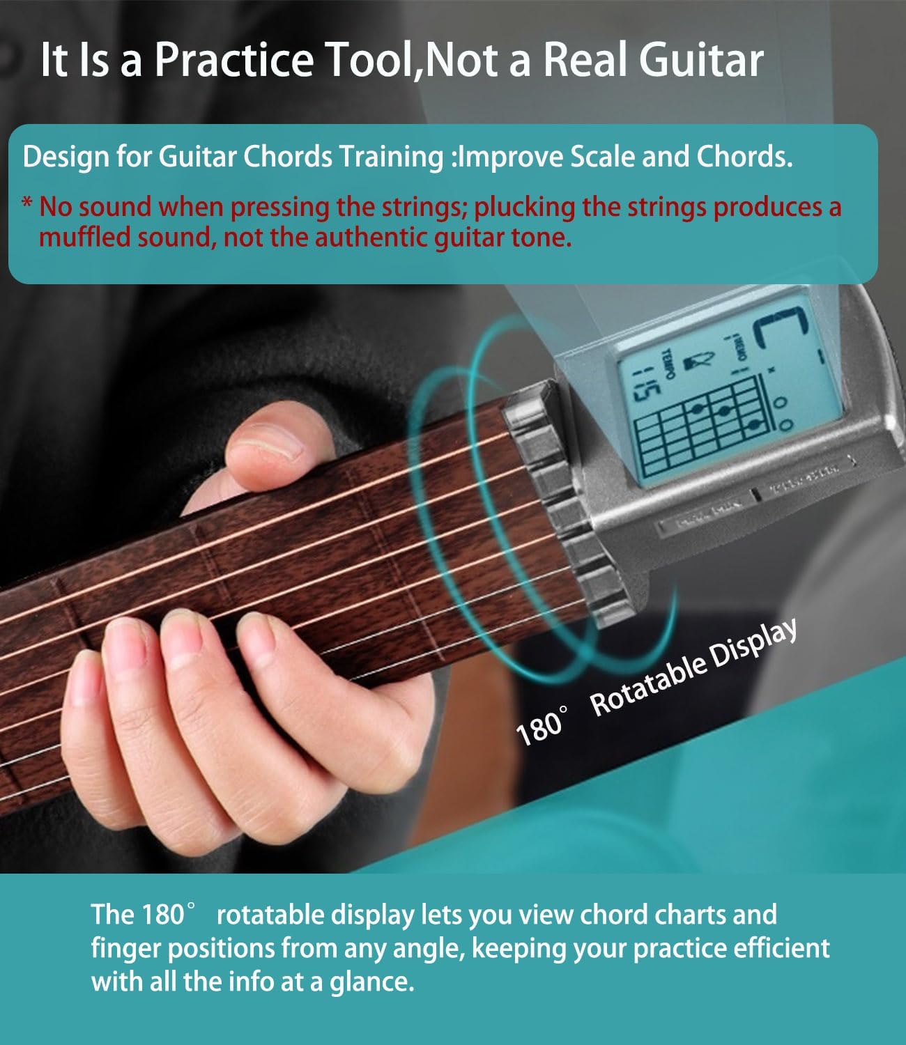 Pocket Guitar Chord Practice Tool, Portable Guitar Neck for Trainer Beginner W/A Rotatable Chords Chart Screen (Battery Included)