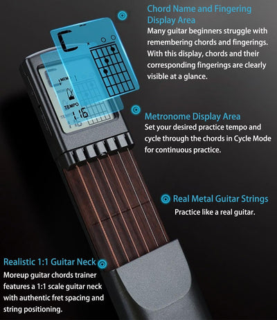 Pocket Guitar Chord Practice Tool, Portable Guitar Neck for Trainer Beginner W/A Rotatable Chords Chart Screen (Battery Included)