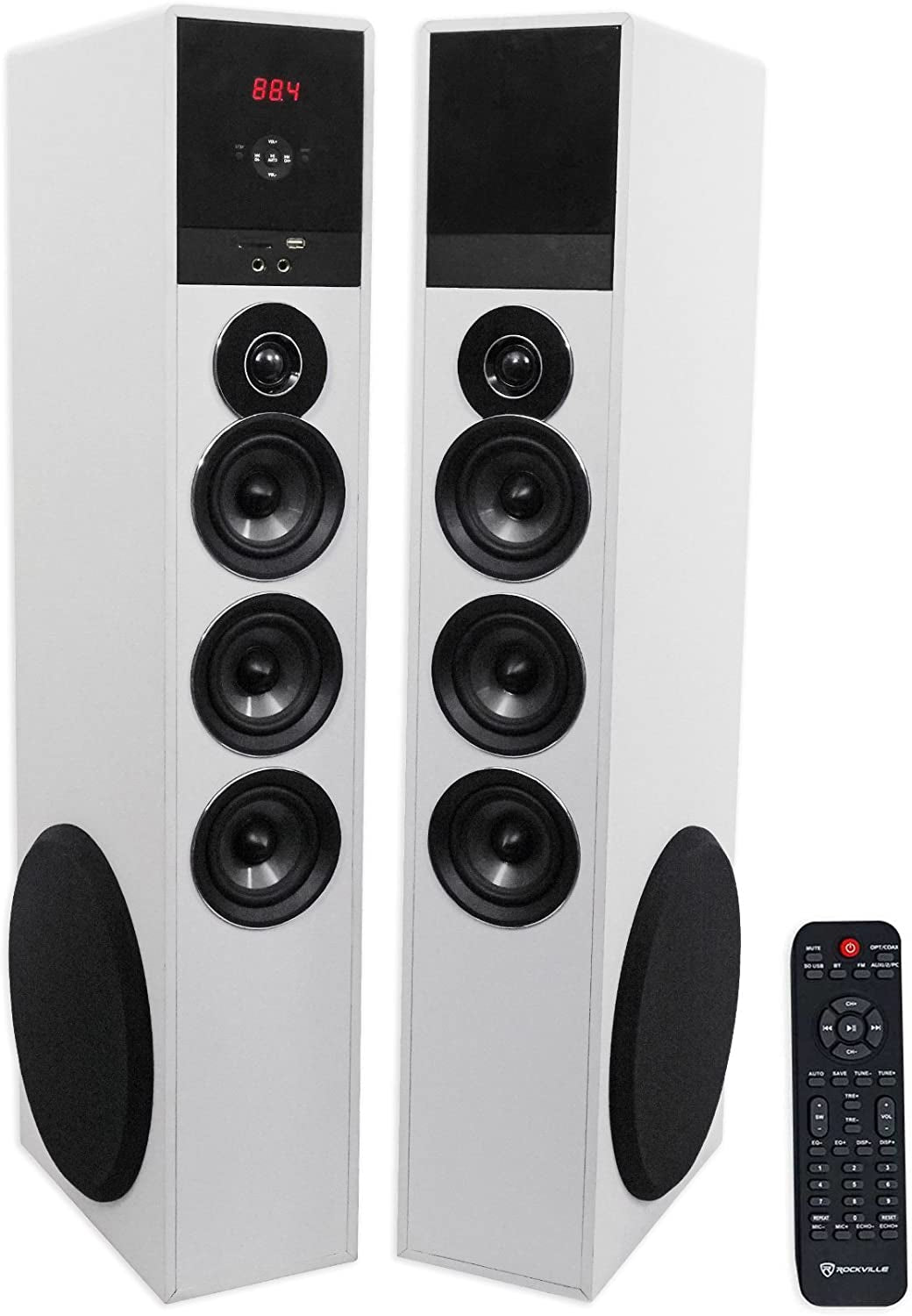 TM150W Powered Home Theater Tower Speaker System, White, 1000W, 10" Subwoofers, Bluetooth, USB/SD Playback, FM Radio, Remote Control, Karaoke Ready, Perfect for Home Entertainment