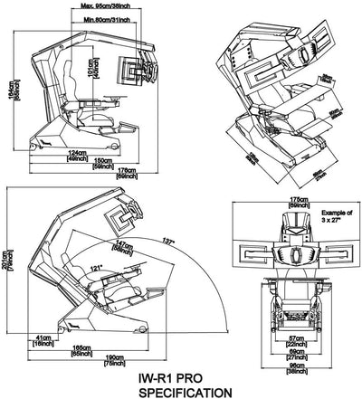 IW-R1 PRO Zero Gravity Reclining Workstation Computer Imperator Gaming Chair Cockpit for Works; (3-Monitor Brackets, Leather Seat, Black)