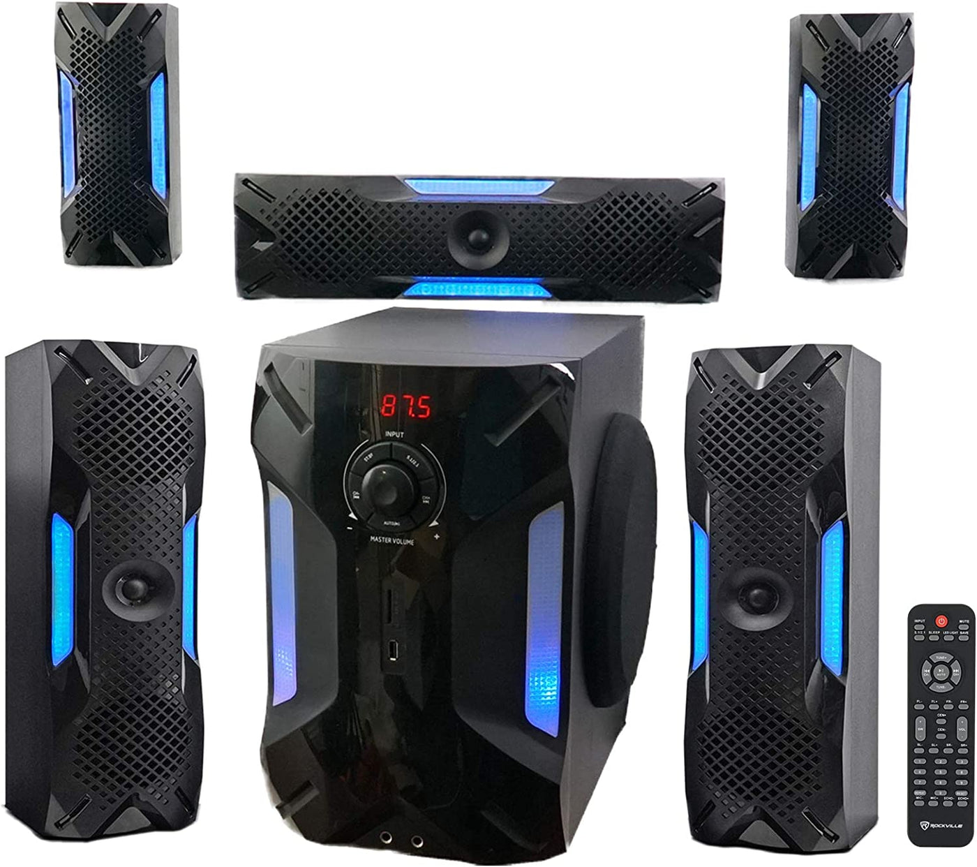 HTS56 1000W 5.1 Channel Home Theater System with 8" Subwoofer, Bluetooth, USB, Includes Remote, LED Light Effects - Perfect for Movies, Music, Karaoke