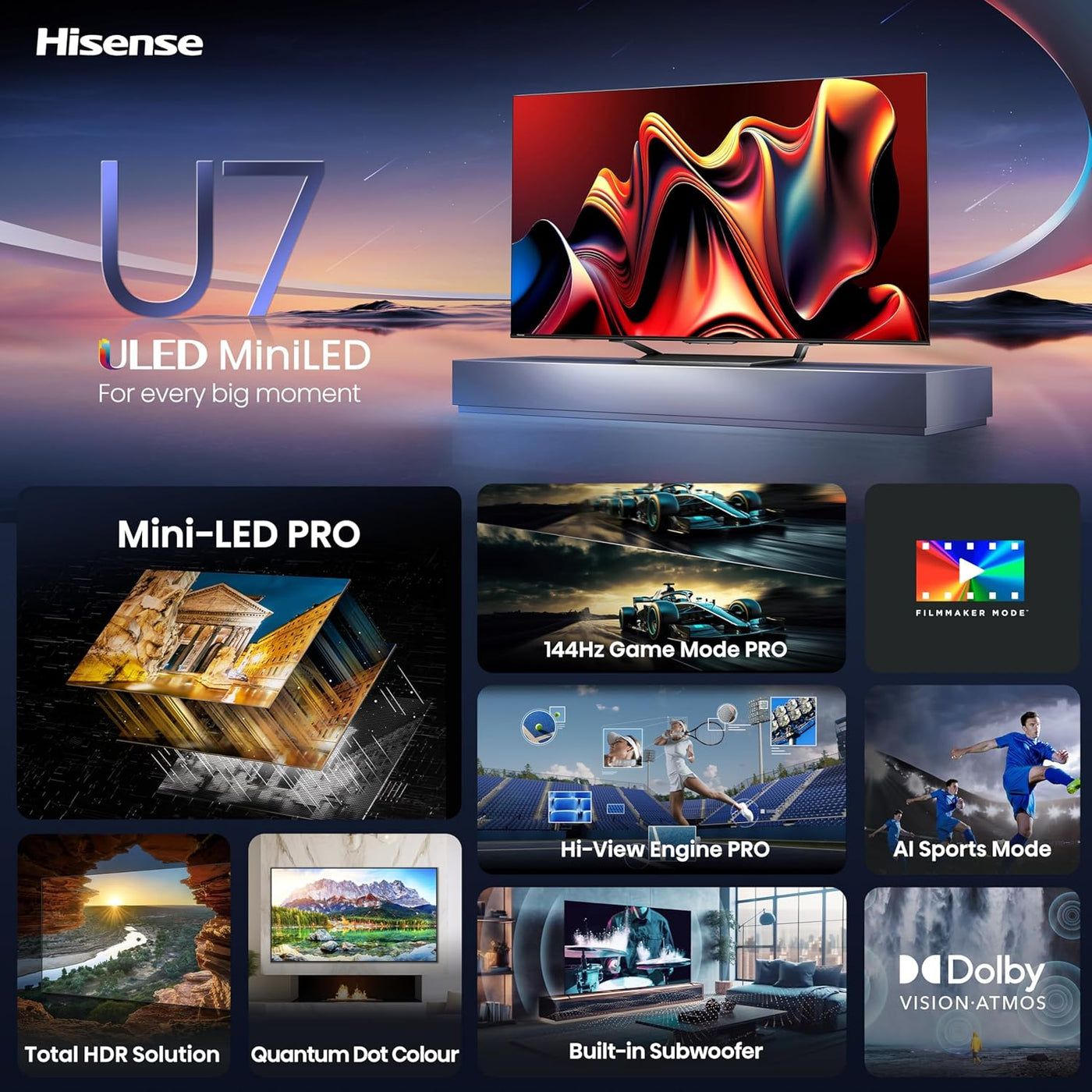 55-Inch Class U7 Series Mini-Led ULED 4K UHD Google Smart TV (55U7N, 2024 Model) - QLED, Dolby Vision IQ, Dolby Atmos, Full Array Local Dimming, 144Hz Game Mode Pro, VRR, Alexa Compatibility