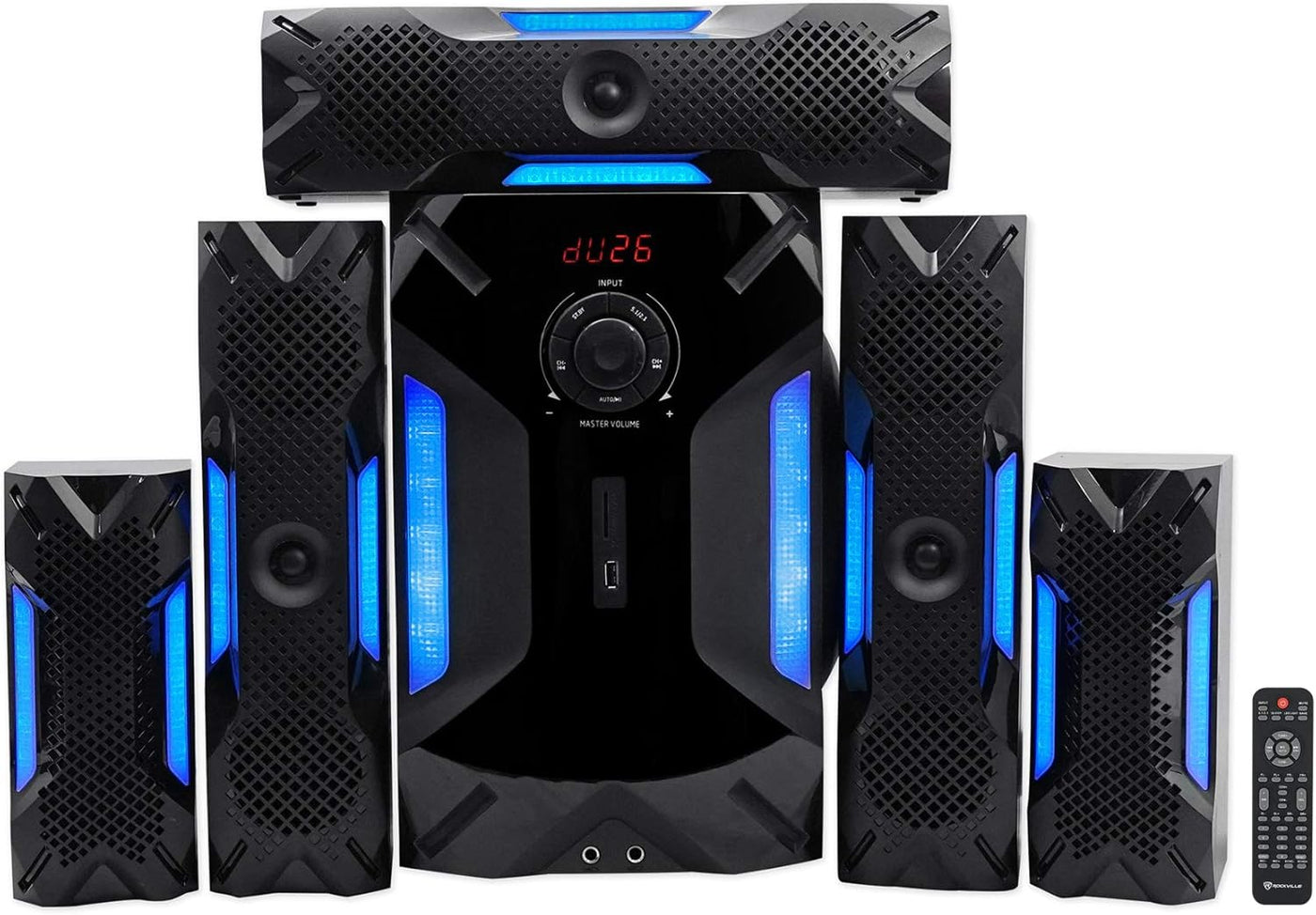 HTS56 1000W 5.1 Channel Home Theater System with 8" Subwoofer, Bluetooth, USB, Includes Remote, LED Light Effects - Perfect for Movies, Music, Karaoke