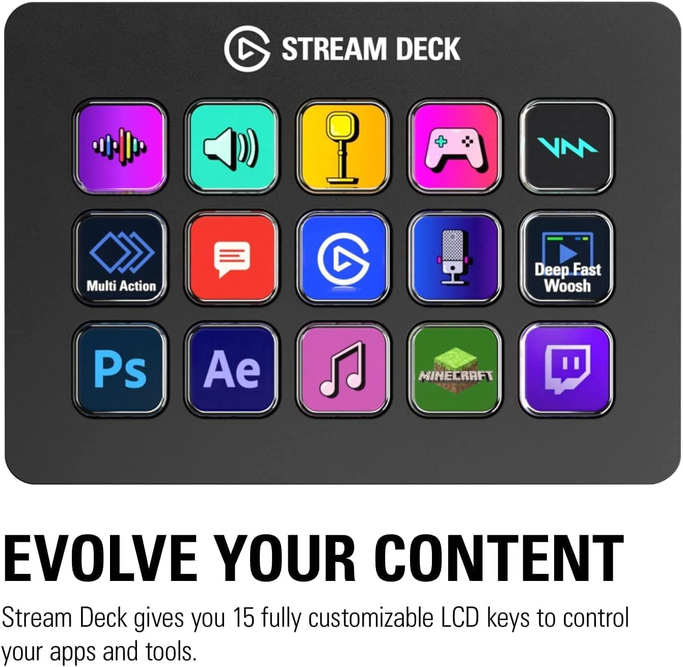 Stream Deck MK.2 – Studio Controller, 15 Macro Keys, Trigger Actions in Apps and Software like OBS, Twitch, ​Youtube and More, Works with Mac and PC