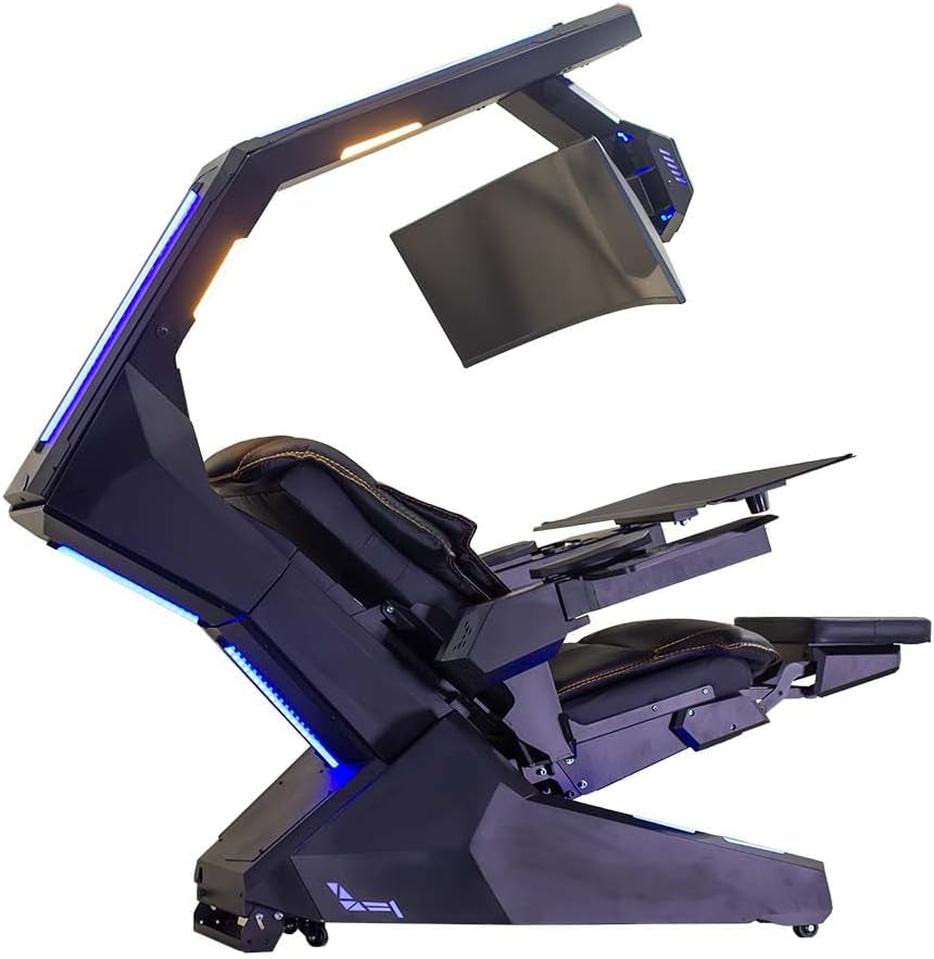 IW-R1 PRO Zero Gravity Reclining Workstation Computer Imperator Gaming Chair Cockpit for Works; (3-Monitor Brackets, Leather Seat, Black)