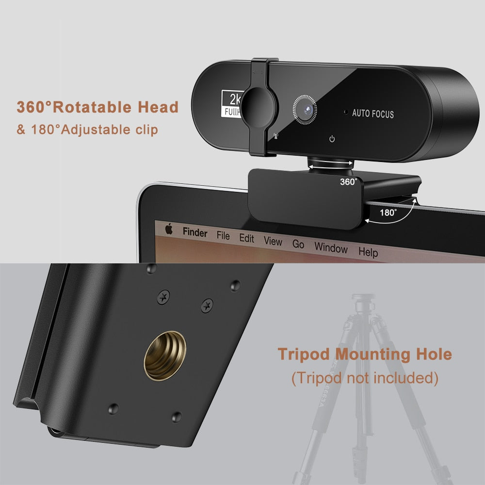 2k Webcam with Built-in Mic & Autofocus